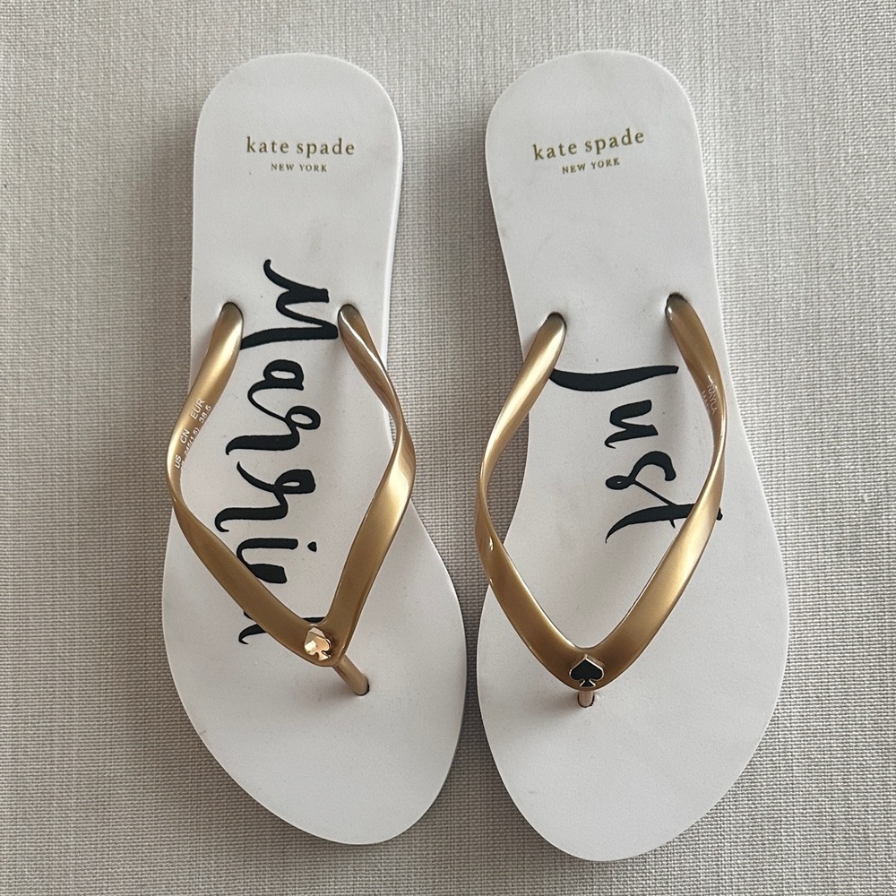 Kate Spade Just Married Gold and White Flip Flops